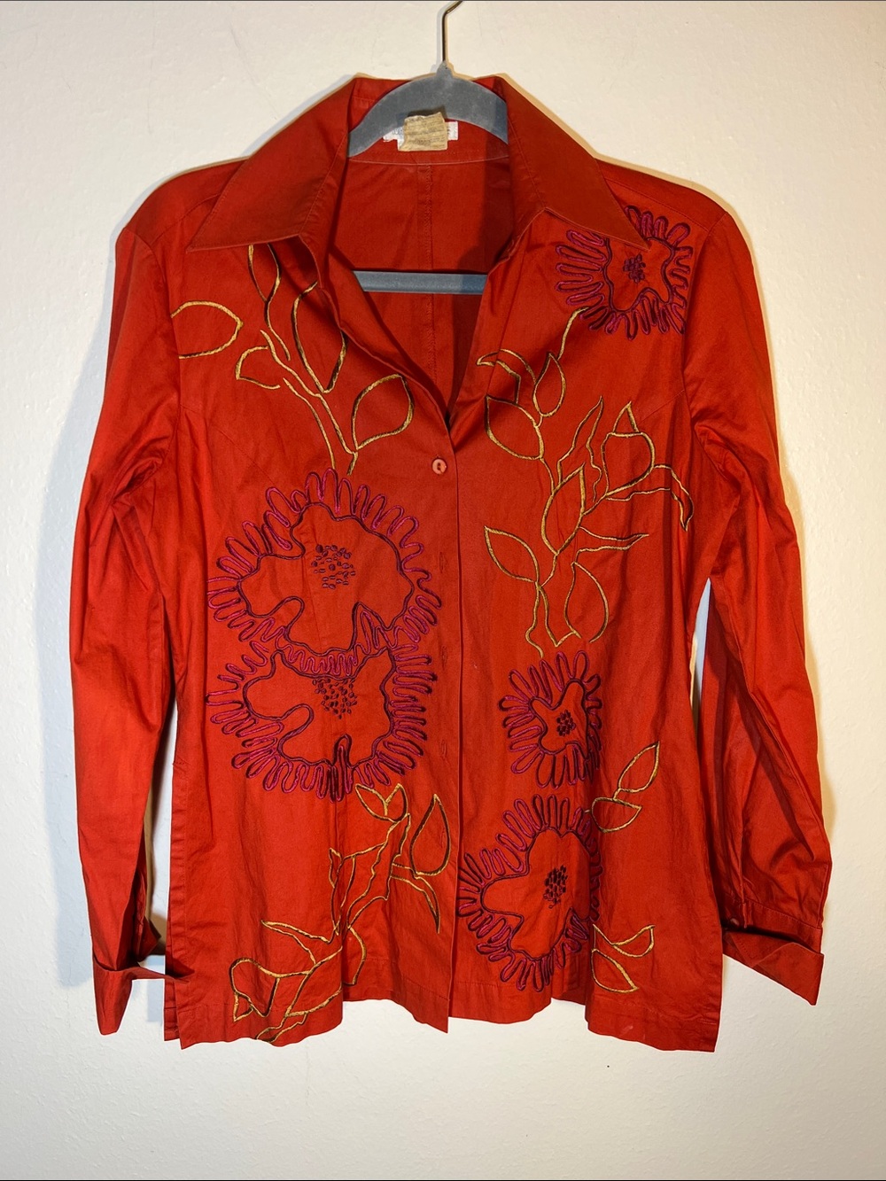 Naracamicie Vintage Rust Orange Button-Down Shirt Purple Gold Floral Embroidery
